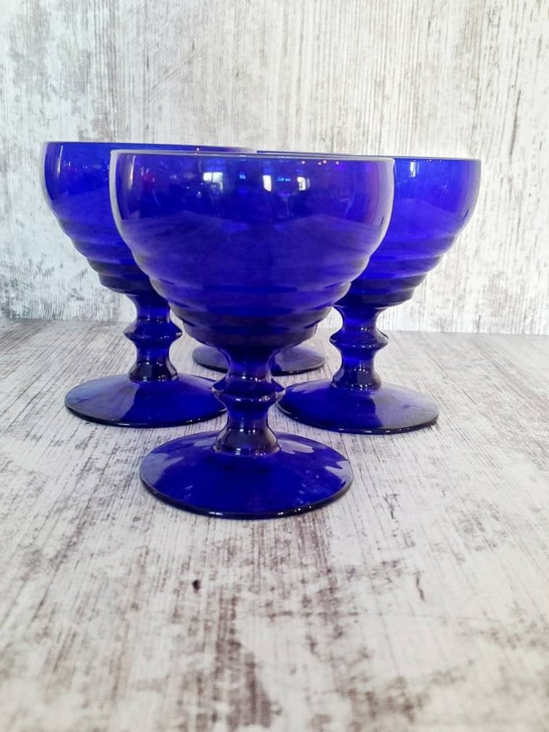 Vintage MCM Set of 4 Cobalt Ba Fashionable Ribbed New York Mall Coupes with Blue Champagne