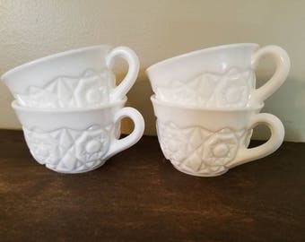 Vintage Milk Glass Press Cut Punch Bowl Cups with Handles. Set of Four. Tea Party. Bridal Shower. Tea Cups.