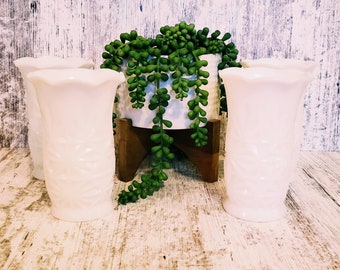 Vintage Hazel Atlas Set of 4 Milk Glass Vase with Scalloped Edge for Wedding Centerpieces or Special Event. Vintage Wedding.