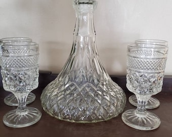 Vintage Clear Wexford Decanter and Set of 4 Goblets. Wedding Glass. Bridal Shower. Vintage Bar.