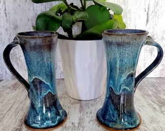 Pottery Ceramic Deep Blue Galaxy Skinny Coffee Mugs. Set of 2. Irish Coffee Mugs. Coffee Bar. Espresso Mugs. Handmade Pottery.