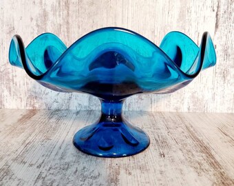 Vintage Viking Atomic MCM Turquoise Large Pedestal Bowl. Viking Blunique. MCM Atomic Glass.