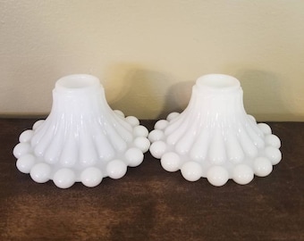 Vintage Boho Milk Glass Set of 2 Candle Holders With Circle and Teardrop Design. Wedding Centerpieces. Boho Candle Holders.