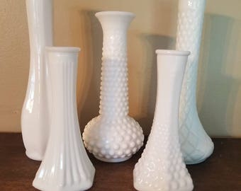 Vintage Milk Glass Vases. The beautiful Shelby Collection. An Assortment of 5 vases. Wedding centerpiece. Special occassion.