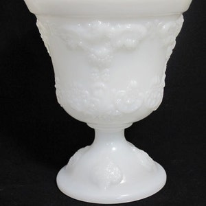 Vintage Milk Glass Pedestal Vase with Scrolls and Floral Design - Wedding Decor Centerpiece