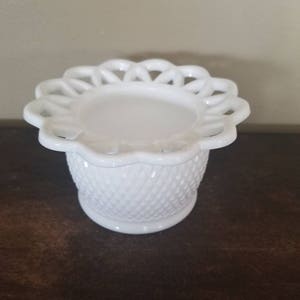 Vintage Imperial Glass, Milk Glass Compote with diamond pattern and open lace edge.