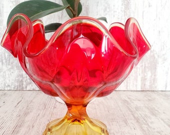 Vintage LE Smith Amberina Atomic Compote. Orange and Yellow Pedestal Vase. Amberina Glass. MCM Glass Vase. MCM Candy Dish.