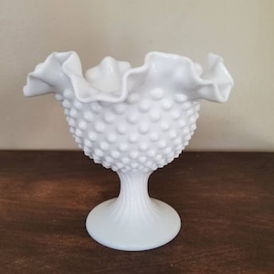 Vintage Fenton Hobnail Milk Glass Compote with ruffled edge. Wedding, centerpieces, bridal shower.