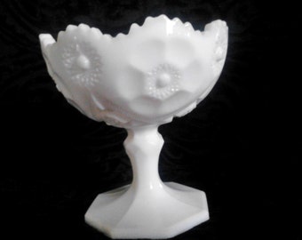 Vintage Milk Glass Compote with Floral Design with Sawtooth, Scalloped Edge - Wedding Decor Centerpiece