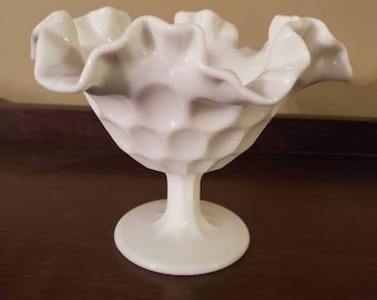 Vintage Milk Glass Compote for Candy Bar or Wedding Decor Thumbprint and Ruffle Design by Fenton.