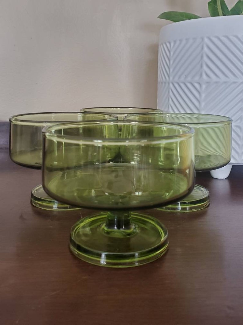 Vintage Mid Century Mod Green Pedestal Stacking Dessert Cups. Set of 4. Vintage MCM Fruit Cups.