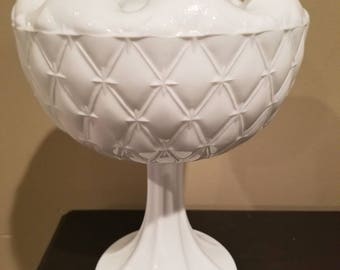 Vintage Milk Glass Quilted Pattern Large 9" Compote. Wedding Centerpiece. Special Occassion.