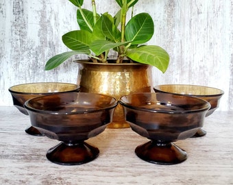 Vintage Set of 4 Viking Georgian Nutmeg Brown Dessert Pedestal Bowls. Smoke Glass.