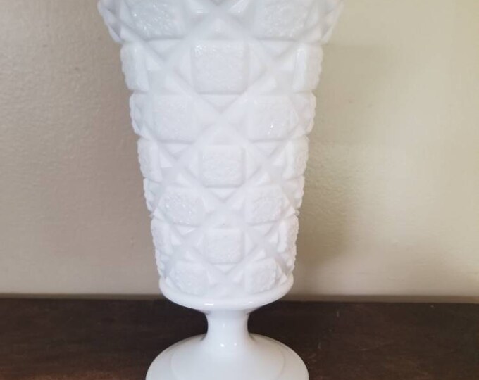 Vintage White Milk Glass Tall Vase Old Quilt Pattern by Westmoreland