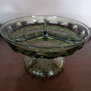 Vintage MCM Green Pedestal 3 Sectioned Dish in Thumbprint Pattern. Divided Pedestal Dish. Relish Dish.