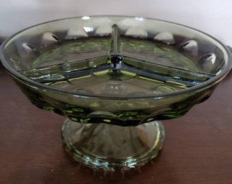 Vintage MCM Green Pedestal 3 Sectioned Dish in Thumbprint Pattern. Divided Pedestal Dish. Relish Dish.