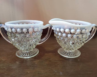 Vintage Moonstone Sugar and Creamer Set. Opalescent Glass. Hobnail Glass. Farmhouse Kitchen.