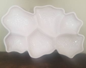 Vintage Shell Pink Milk Glass Divided Serving Platter - Serving Dish - Venetian Feather by Jeanette Glass Co