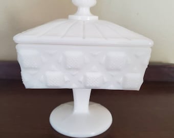 Vintage Milk Glass Covered Candy Dish on Pedestal with Pressed Glass "Old Quilt" Pattern.