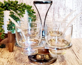 Vintage Mid Century Mod Condiment Server with 4 Spoons. Chrome and Wood. Set of 4 Glasses with Carrier.