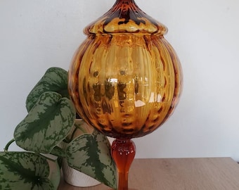 Vintage Amber MCM Empoli Optic Tall Apothecary Jar. Empoli Genie. Boho MCM Tall Amber Apothecary.