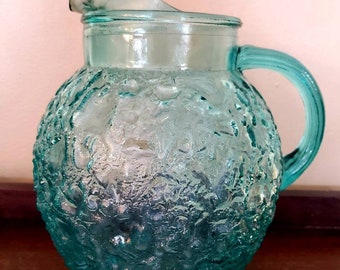 Vintage Aqua Lido Milano Ball Pitcher with Crinkle Texture. Vintage Farmhouse Kitchen. Mid Century Mod.