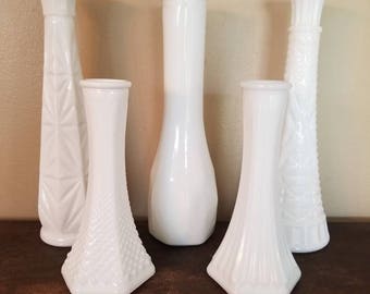 Vintage Milk Glass Vases-The Luna Collection- Set of 5 Milk Glass Vases