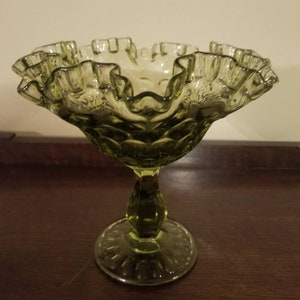 Vintage Avocado Green Pedestal Bowl with Circles and Ruffled Edge. Green Compote.
