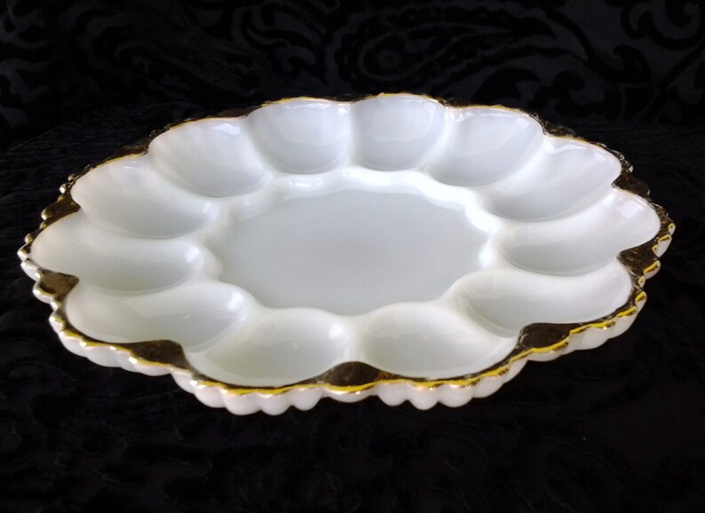 Vintage Milk Glass Deviled Egg Plate with Gold Trim by Fire Etsy