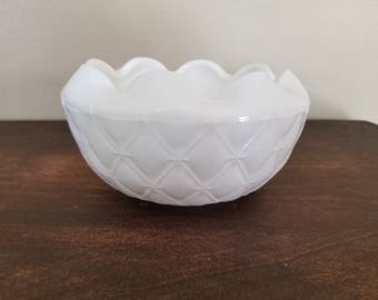 Vintage Milk Glass Indiana Glass Co. Quilted pattern bowl with ruffled edge.