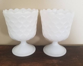 Vintage Set of 2 Milk Glass Compote with Honeycomb pattern and Orange Peel Texture.