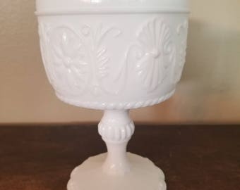 Vintage Milk Glass Compote or Candy Dish with Scrolled Floral Motif - Great for Wedding Decor - Candy Buffet