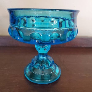 Vintage Turquoise King Crown Compote. Candy Dish. Thumbprint Compote.