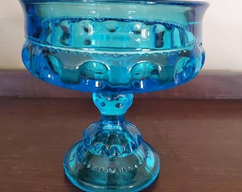 Vintage Turquoise King Crown Compote. Candy Dish. Thumbprint Compote.