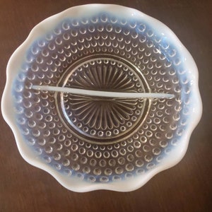 Well Loved**Vintage Moonstone Divided Bowl.  Opalescent Hobnail. Vintage kitchen.