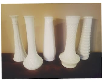 Vintage Milk Glass Vases•The LC Collection•Set of 5•Wedding Centerpieces•Rustic/Vintage Wedding.