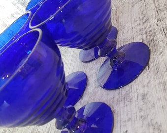 Vintage MCM Set of 4 Cobalt Blue Champagne Coupes with Ribbed Base and Stem. Cobalt Blue Glass.