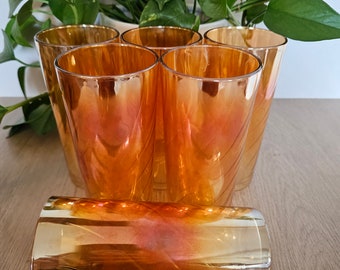 Vintage Marigold Iridescent Carnival Glass with Optic Swirl Tall Tumblers. Set of 6. MCM Kitchen. Vintage Modern.