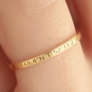 14K Gold Custom Coordinate Ring • Personalized Stacking Ring • Engraved Location Coordinates Ring • Personalized Gold Band