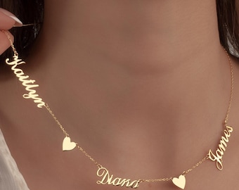 14K Gold Family Name Necklace with Heart • Custom Multiple Name Necklace • Personalized Gold Name plate Necklace • Kids Names for Mom