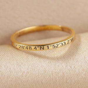 14K Solid Gold Coordinate Ring, Personalized GPS Coordinate Ring, Custom Location Ring, Engraved Gold Band, Anniversary Gift