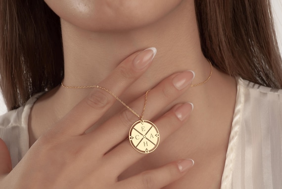 14K Gold Initial Family Compass Necklace • Custom Multiple Initial Necklace • Engraved Initial Pendant • Christmas Gift for Mom Jewelry