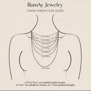 May include: A chain length size guide from RumAy Jewelry. The guide shows necklace lengths from 14 inches (35cm) to 30 inches (76cm) on a stylized illustration of a person's upper body. Text indicates suitable lengths for girls and chokers.