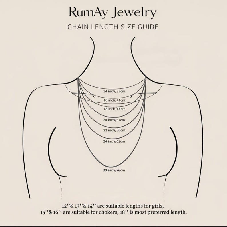 May include: A chain length size guide from RumAy Jewelry. The guide shows necklace lengths from 14 inches (35cm) to 30 inches (76cm) on a stylized illustration of a person's upper body. Text indicates suitable lengths for girls and chokers.