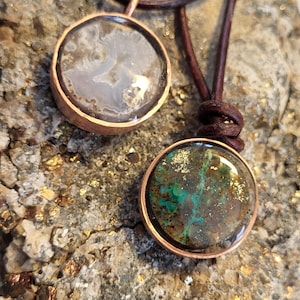 Handmade Copper Circle Pendant Necklace, Natural Chrysocolla & Geode Stone Jewelry,