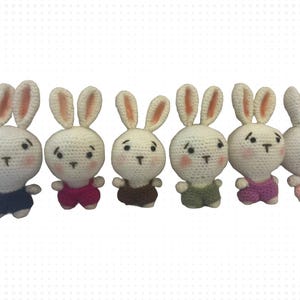 May include: Six handmade crochet bunny dolls with white bodies, pink cheeks, and various colored outfits. Each bunny has long ears with pink inner ears and black embroidered facial features. The outfits include blue, maroon, brown, green, purple, and pink.