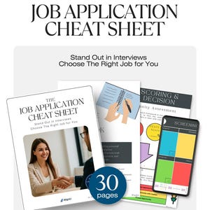 Könnte beinhalten: Eine Sammlung druckbarer Job-Anwendungs-Cheat-Sheets. Das Hauptdokument trägt den Titel "JOB APPLICATION CHEAT SHEET" mit dem Text "Stand Out in Interviews, Choose The Right Job for You." Zusätzliche Dokumente und ein Smartphone sind ebenfalls sichtbar.