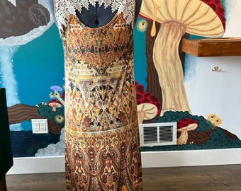 Bohemian Style Dress Multi-Color Paisley With Crochet Lace Neckline Size S