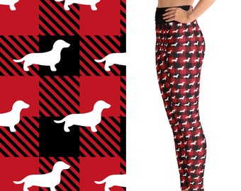Leggings de cuadros escoceses con diseño de búfalo y perro salchicha, pantalones de yoga de cintura alta con bolsillos, tallas XS a 6XL