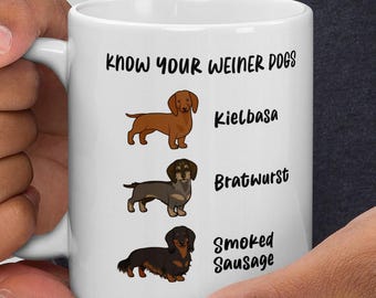 Taza "Conoce a tus perros salchicha" · Tabla divertida de salchichas dachshund (11 oz/15 oz)